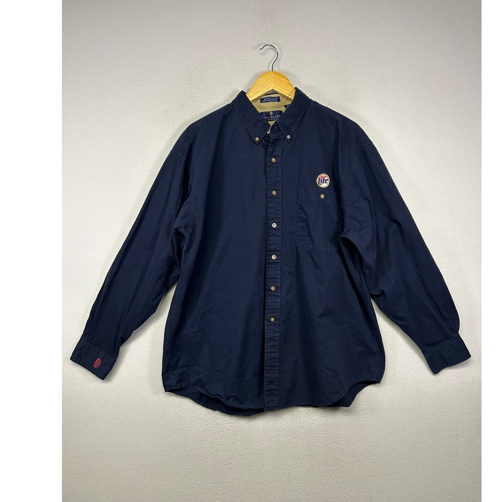 Beer Core Bill Blass Mens XL Navy Blue Miller Lite Logo Long‎ Sleeve Button Down